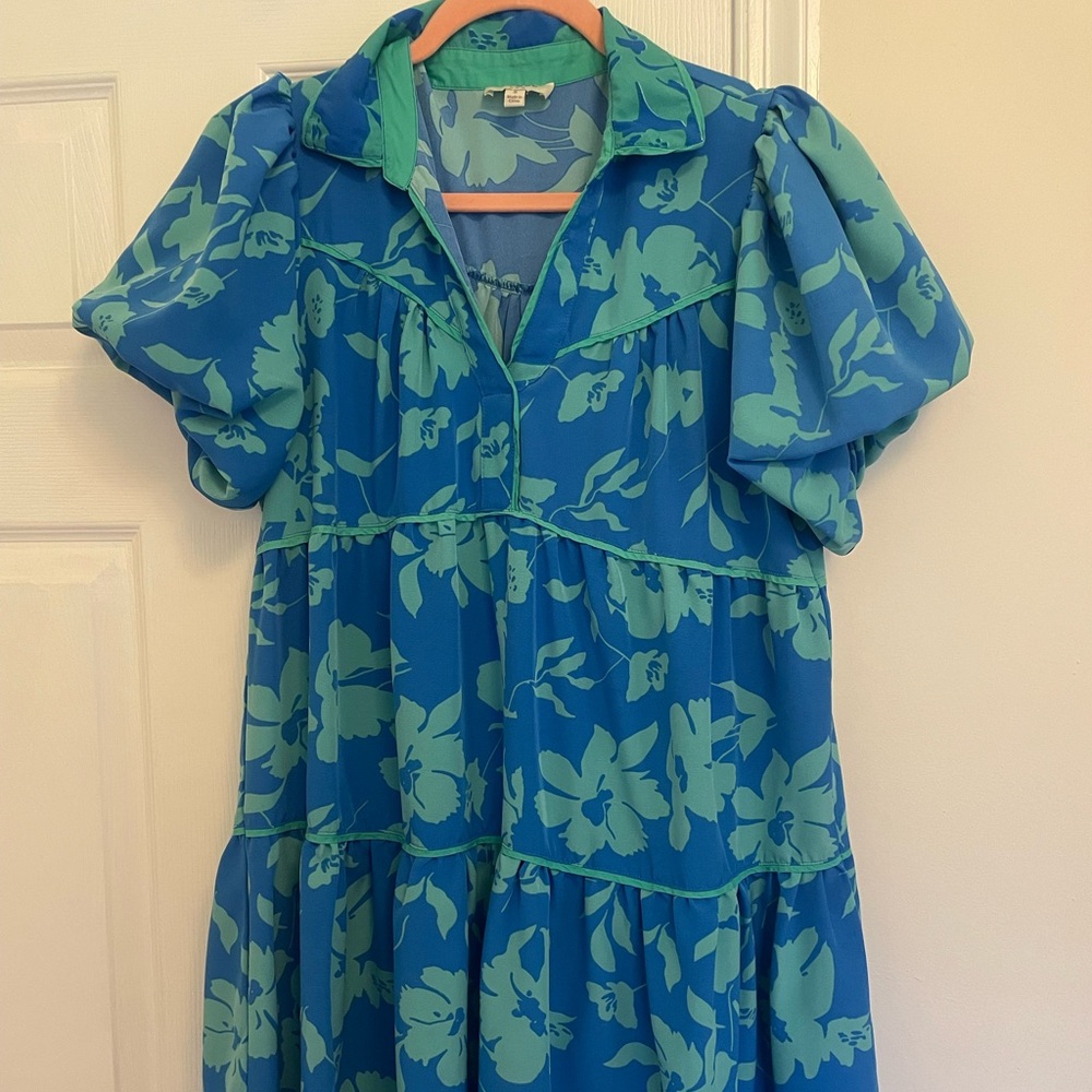 Womens Blue and Teal Floral Tiered Dress